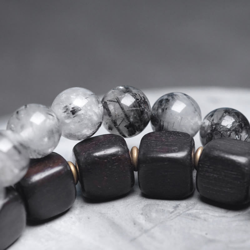 Buddha Stones Ebony Wood Black Rutilated Quartz Copper Brass Double Wrap Balance Bracelet - image 8