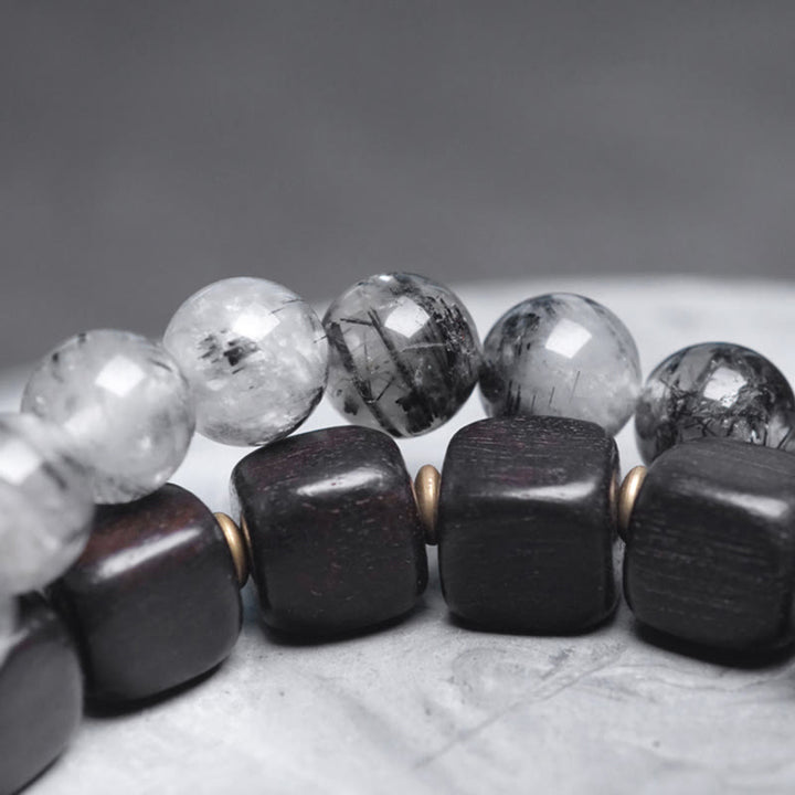 Buddha Stones Ebony Wood Black Rutilated Quartz Copper Brass Double Wrap Balance Bracelet - image 8