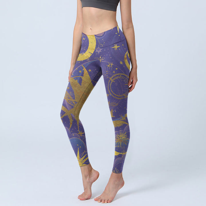 Buddha Stones Moon Sun Stars Print Gym Leggings Women's Yoga Pants - DarkViolet - US18，UK/AU22，EU50 (4XL) - image 0