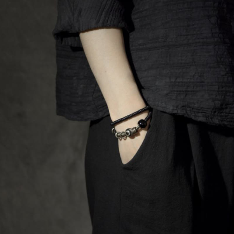 Buddha Stones Ebony Wood Green Sandalwood Copper Brass Dzi Bead Black Onyx Calm Double Wrap Bracelet - image 10