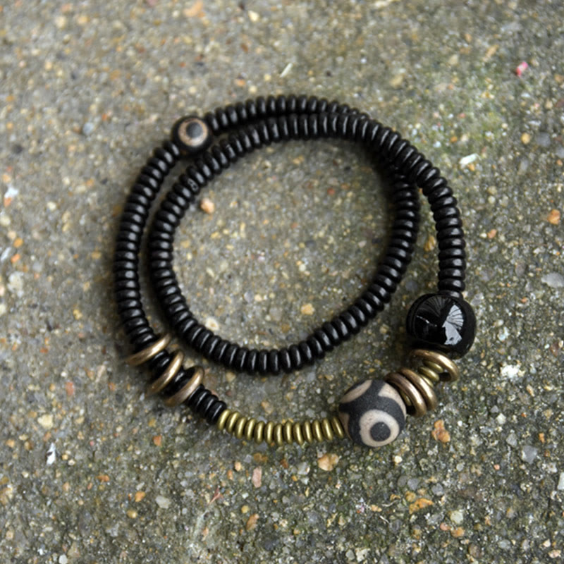 Buddha Stones Ebony Wood Green Sandalwood Copper Brass Dzi Bead Black Onyx Calm Double Wrap Bracelet - image 1