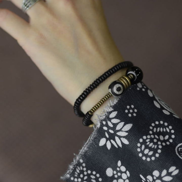 Buddha Stones Ebony Wood Green Sandalwood Copper Brass Dzi Bead Black Onyx Calm Double Wrap Bracelet - image 13