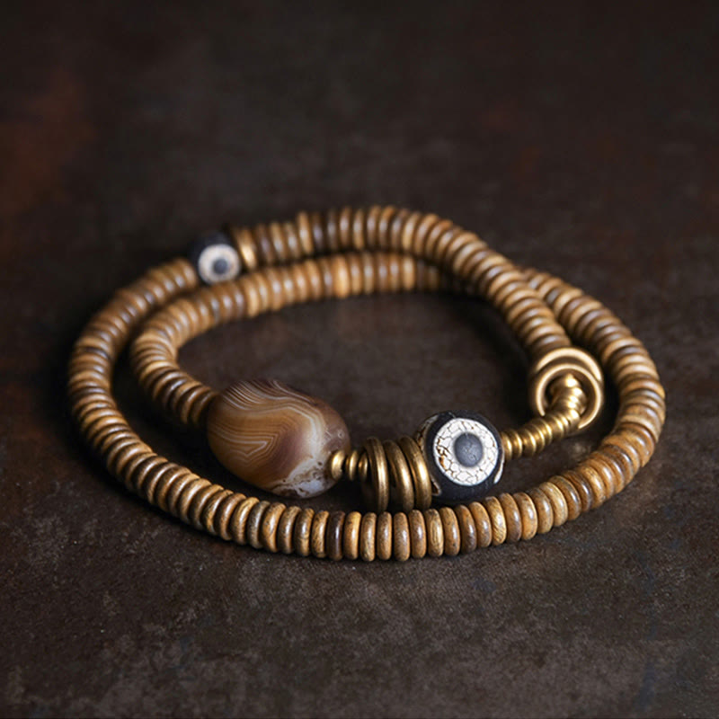 Buddha Stones Ebony Wood Green Sandalwood Copper Brass Dzi Bead Black Onyx Calm Double Wrap Bracelet - Green Sandalwood Brass Dzi Bead Black Onyx - 17-17.5cm - image 20