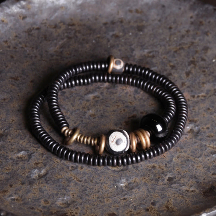 Buddha Stones Ebony Wood Green Sandalwood Copper Brass Dzi Bead Black Onyx Calm Double Wrap Bracelet - image 16