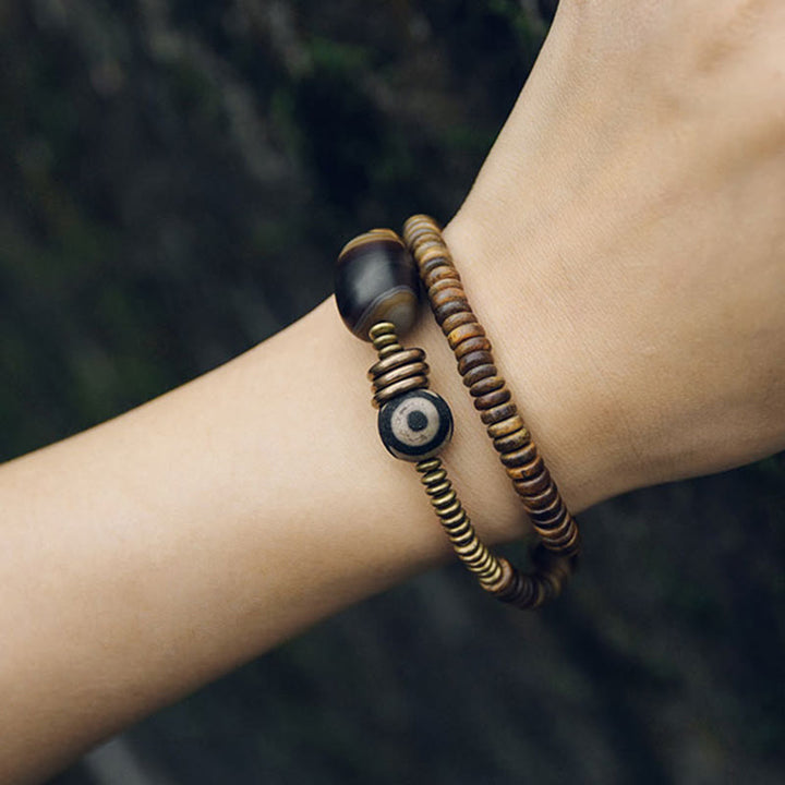 Buddha Stones Ebony Wood Green Sandalwood Copper Brass Dzi Bead Black Onyx Calm Double Wrap Bracelet - image 22