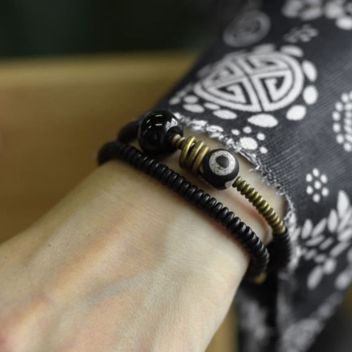 Buddha Stones Ebony Wood Green Sandalwood Copper Brass Dzi Bead Black Onyx Calm Double Wrap Bracelet - image 11