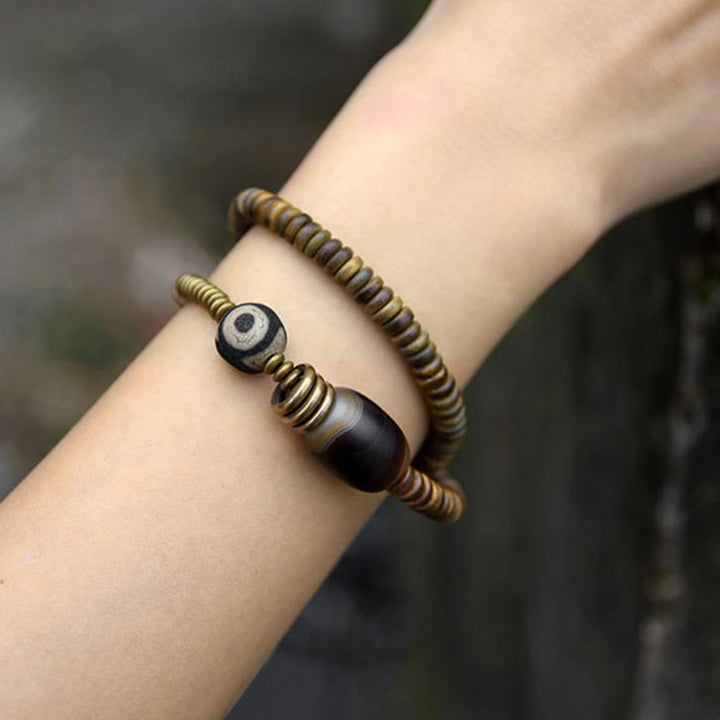 Buddha Stones Ebony Wood Green Sandalwood Copper Brass Dzi Bead Black Onyx Calm Double Wrap Bracelet - image 25