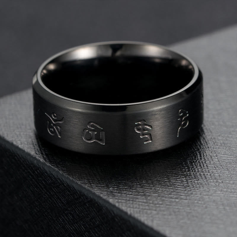 Buddha Stones Black Jambhala Mantra Titanium Steel Balance Ring - image 1