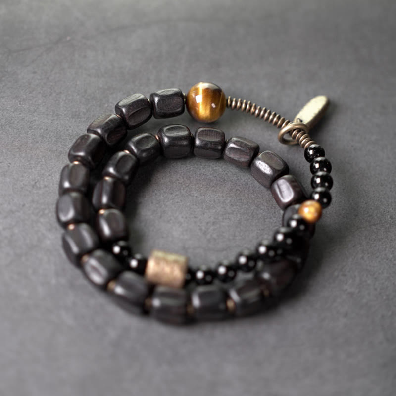 Buddha Stones Ebony Wood Copper Brass Tiger Eye Peace Double Wrap Bracelet - image 1