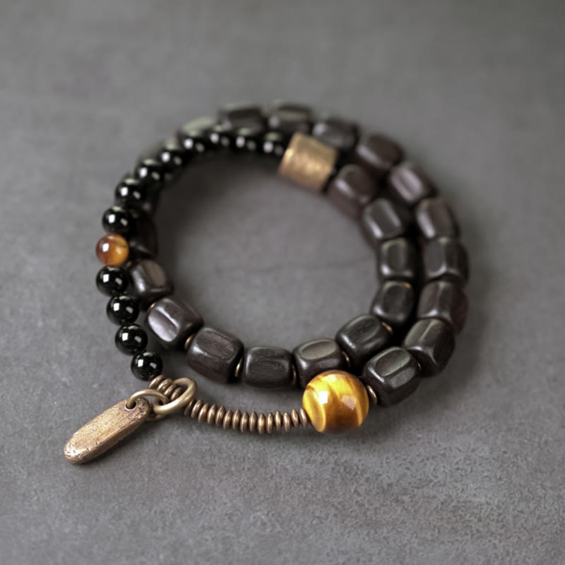 Buddha Stones Ebony Wood Copper Brass Tiger Eye Peace Double Wrap Bracelet - Ebony Wood Brass Tiger Eye(Wrist Circumference: 17-17.5cm) - image 0