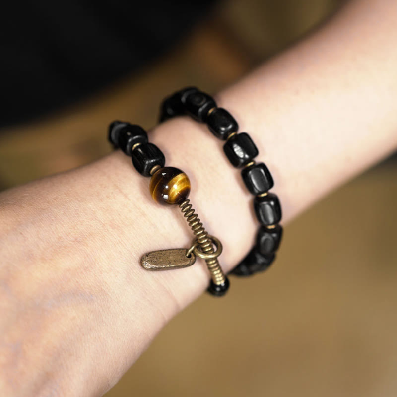 Buddha Stones Ebony Wood Copper Brass Tiger Eye Peace Double Wrap Bracelet - image 11