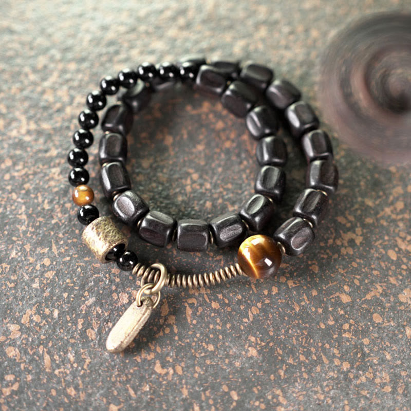 Buddha Stones Ebony Wood Copper Brass Tiger Eye Peace Double Wrap Bracelet - image 9