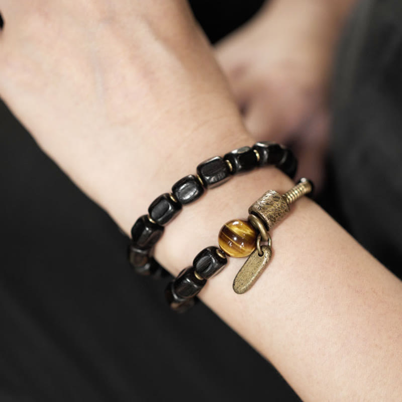Buddha Stones Ebony Wood Copper Brass Tiger Eye Peace Double Wrap Bracelet - image 12