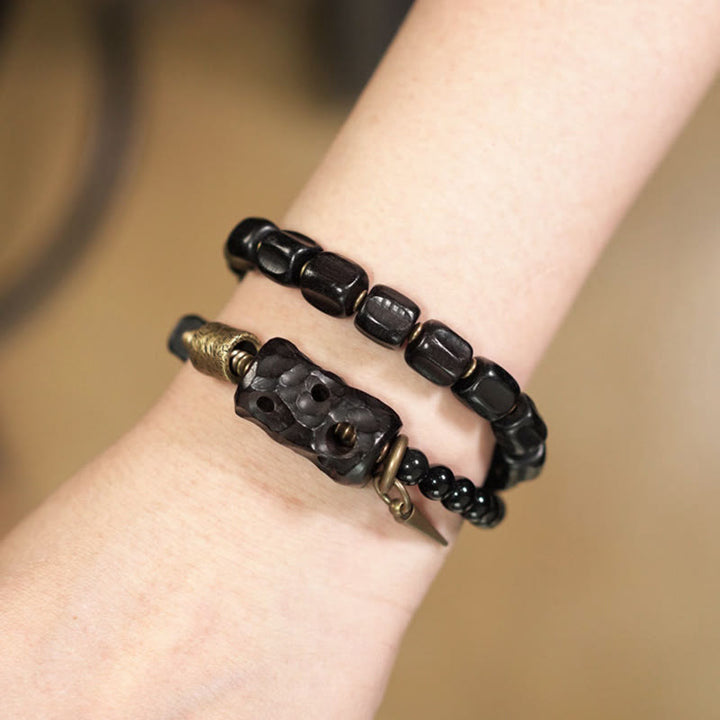 Buddha Stones Ebony Wood Black Obsidian Copper Brass Peace Double Wrap Bracelet - image 17