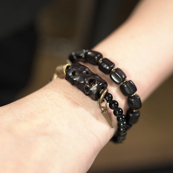 Buddha Stones Ebony Wood Black Obsidian Copper Brass Peace Double Wrap Bracelet - image 15