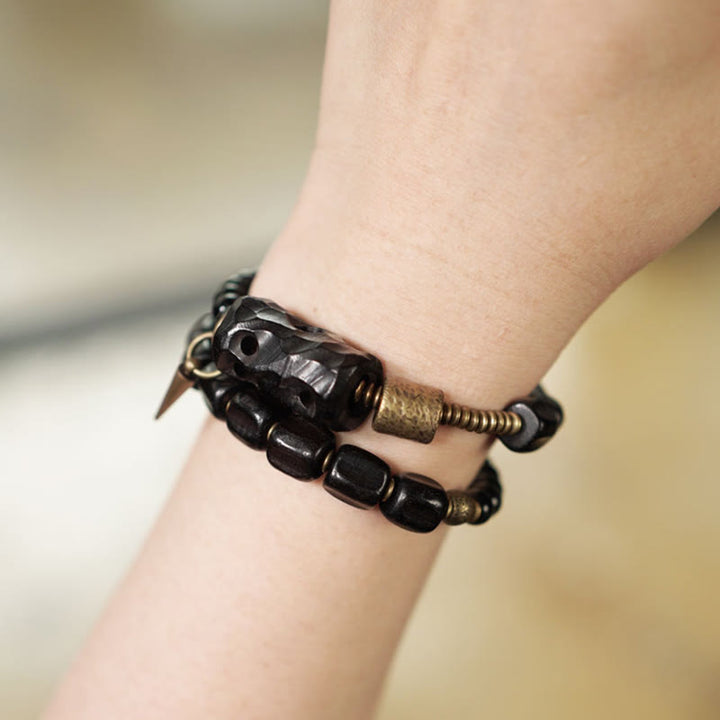 Buddha Stones Ebony Wood Black Obsidian Copper Brass Peace Double Wrap Bracelet - image 19