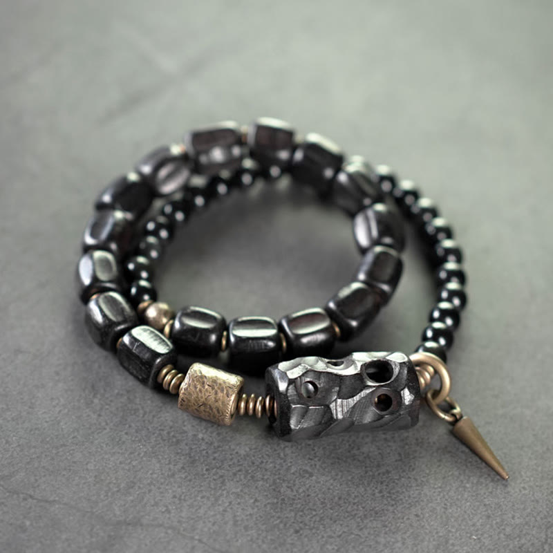 Buddha Stones Ebony Wood Black Obsidian Copper Brass Peace Double Wrap Bracelet - Ebony Wood Black Obsidian Brass(Wrist Circumference: 17-17.5cm) - image 0