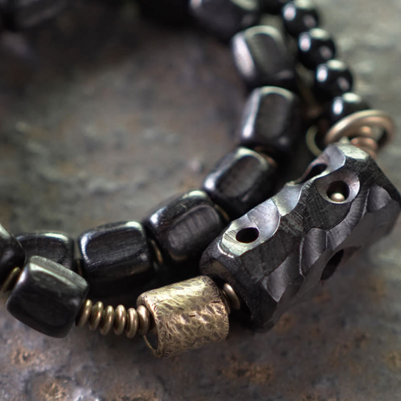 Buddha Stones Ebony Wood Black Obsidian Copper Brass Peace Double Wrap Bracelet - image 3