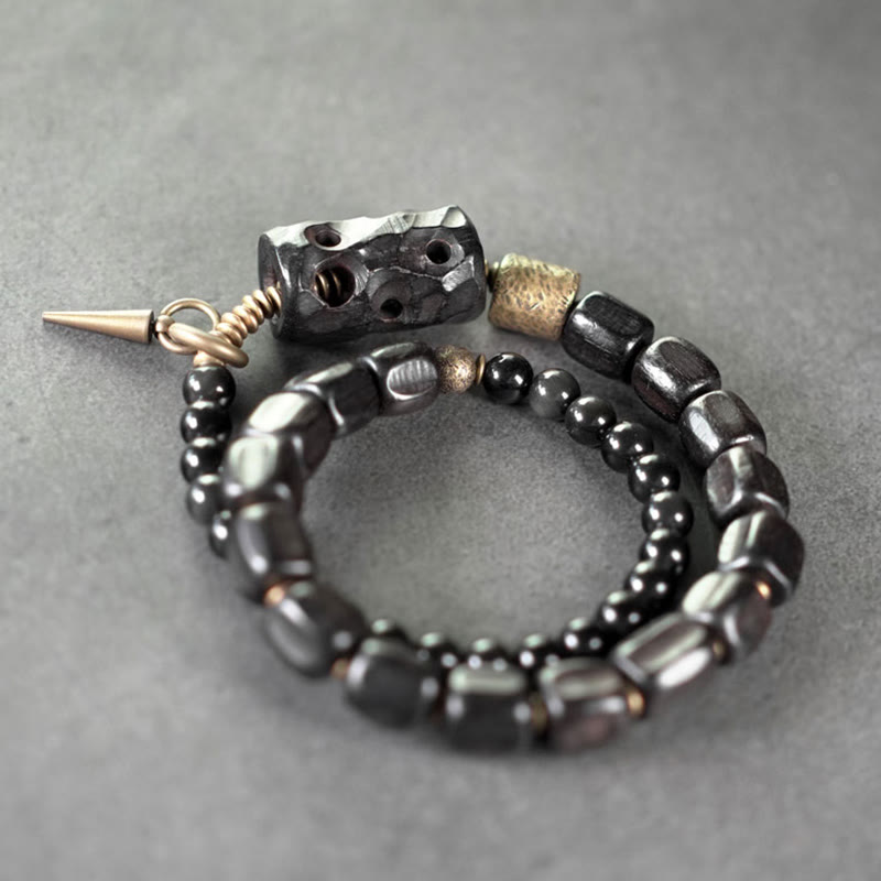 Buddha Stones Ebony Wood Black Obsidian Copper Brass Peace Double Wrap Bracelet - image 7