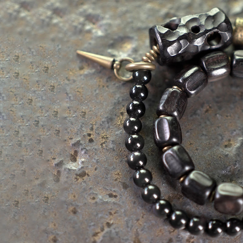 Buddha Stones Ebony Wood Black Obsidian Copper Brass Peace Double Wrap Bracelet - image 11