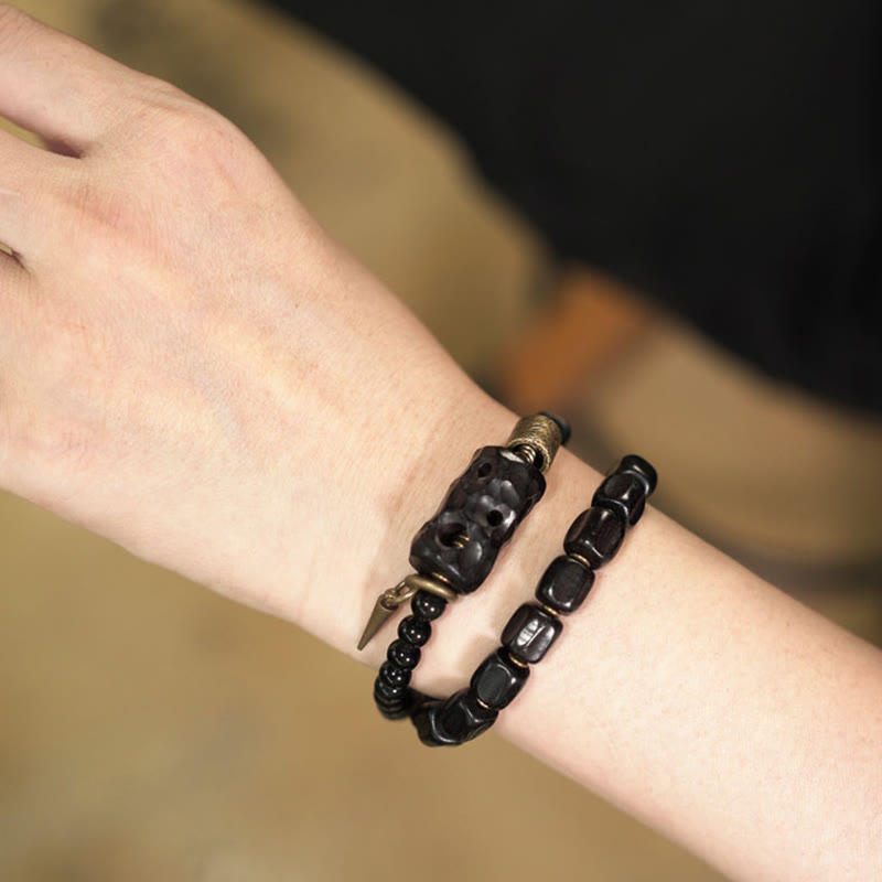 Buddha Stones Ebony Wood Black Obsidian Copper Brass Peace Double Wrap Bracelet - image 14
