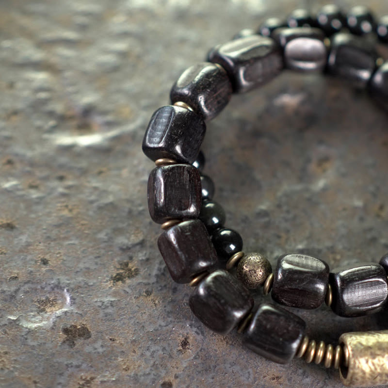 Buddha Stones Ebony Wood Black Obsidian Copper Brass Peace Double Wrap Bracelet - image 10