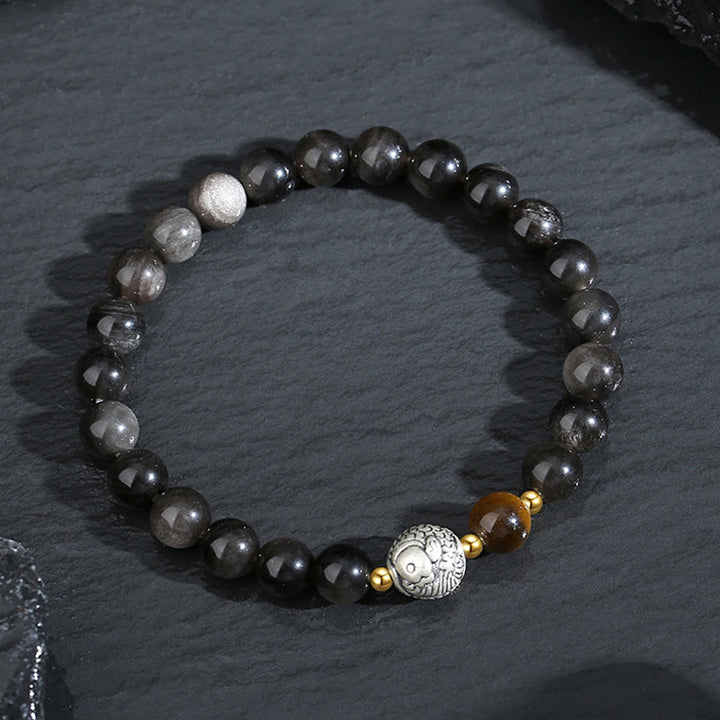 Buddha Stones Black Obsidian 999 Sterling Silver Tiger Eye 925 Sterling Silver Koi Fish Purification Bracelet - image 1