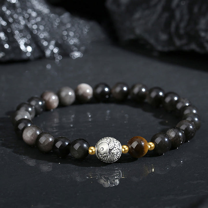 Buddha Stones Black Obsidian 999 Sterling Silver Tiger Eye 925 Sterling Silver Koi Fish Purification Bracelet - Black Obsidian 999 Sterling Silver Tiger Eye(Wrist Circumference: 14-16.5cm) - image 0