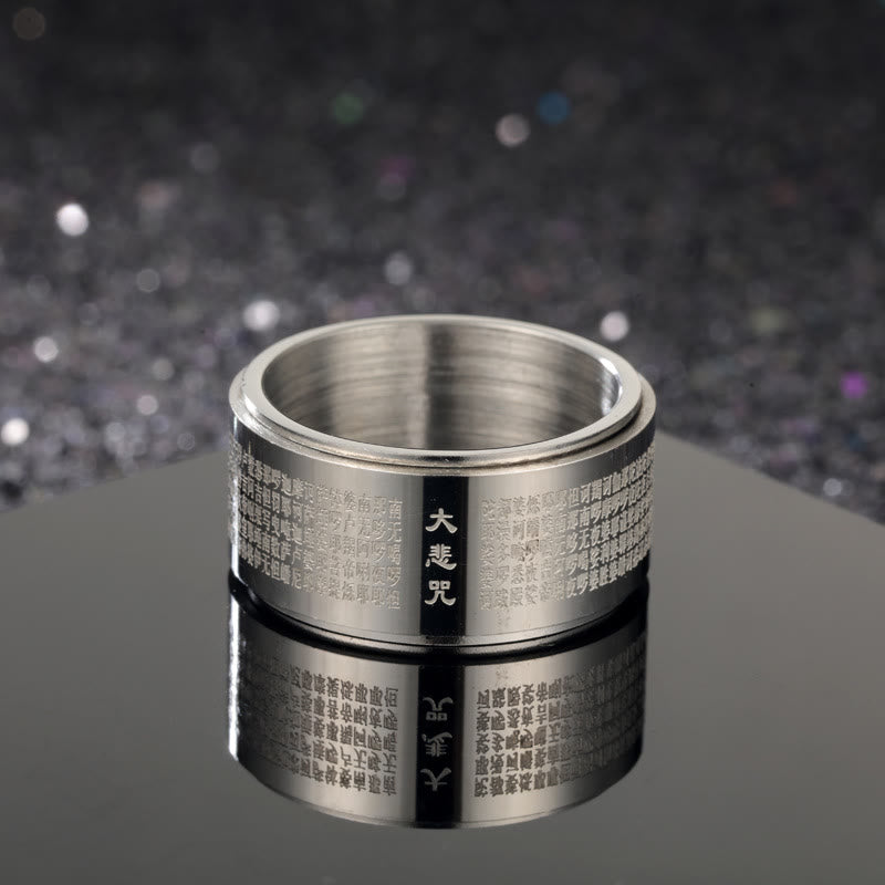 Buddha Stones Great Compassion Mantra Carved Titanium Steel Strengthen Rotatable Ring - Silver - US14 - image 2