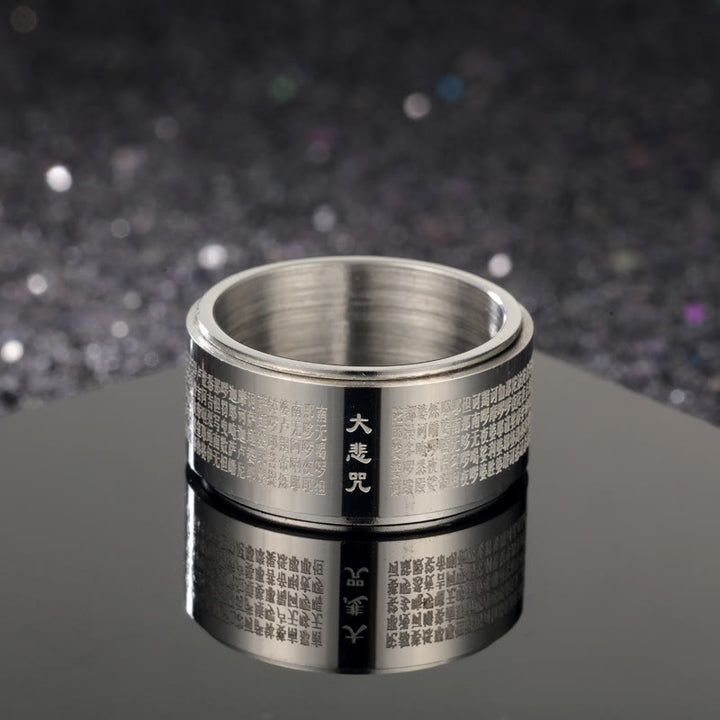 Buddha Stones Great Compassion Mantra Carved Titanium Steel Strengthen Rotatable Ring - Silver - US14 - image 2