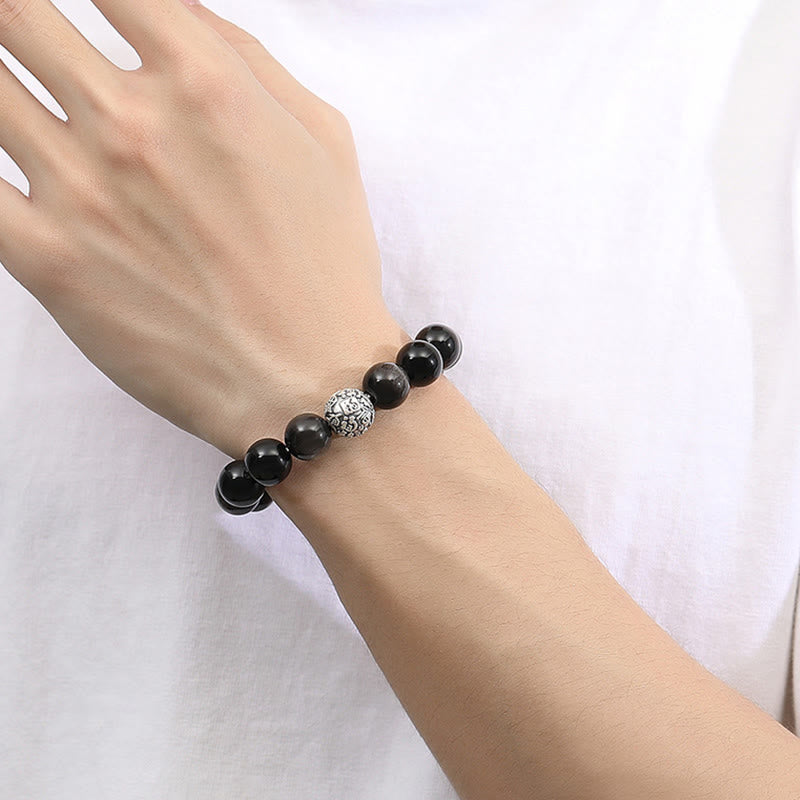 Buddha Stones Black Obsidian 999 Sterling Silver Purification Fu Character Transformation Bracelet - image 8