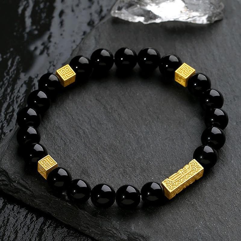 Buddha Stones Black Obsidian 925 Sterling Silver Fu Character Cube Strength Bracelet - image 2
