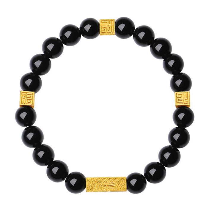 Buddha Stones Black Obsidian 925 Sterling Silver Fu Character Cube Strength Bracelet - image 12