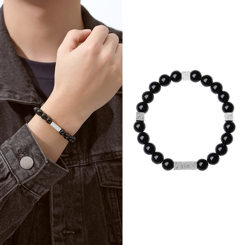 Buddha Stones Black Obsidian 925 Sterling Silver Fu Character Cube Strength Bracelet - Black Obsidian Silver(Wrist Circumference: 17-19cm) - image 13