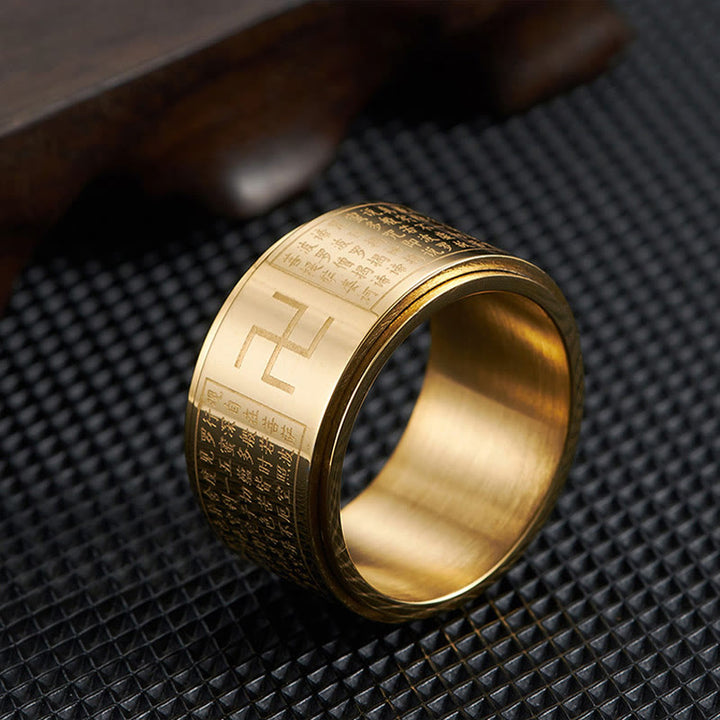 Buddha Stones Heart Sutra Swastika Titanium Steel Luck Rotatable Ring - image 2