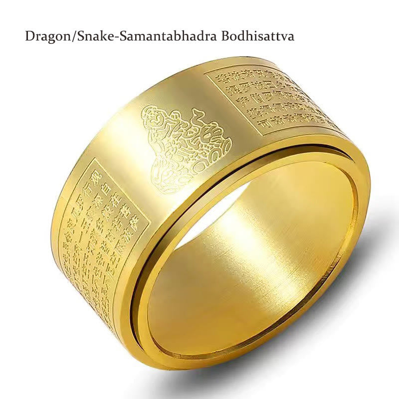 Buddha Stones Chinese Zodiac Natal Buddha Heart Sutra Carved Titanium Steel Calm Rotatable Ring - Gold - Dragon/Snake-Samantabhadra Bodhisattva - US12 - image 1
