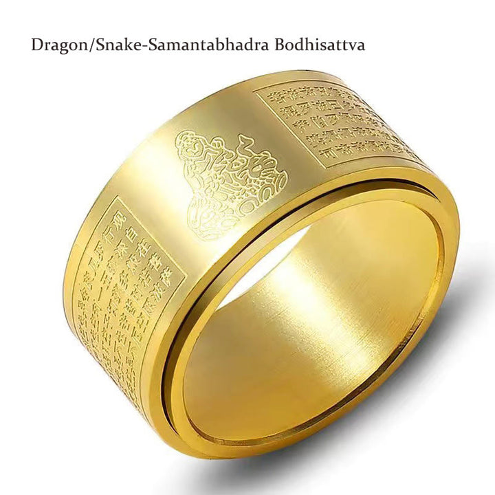 Buddha Stones Chinese Zodiac Natal Buddha Heart Sutra Carved Titanium Steel Calm Rotatable Ring - Gold - Dragon/Snake-Samantabhadra Bodhisattva - US12 - image 1