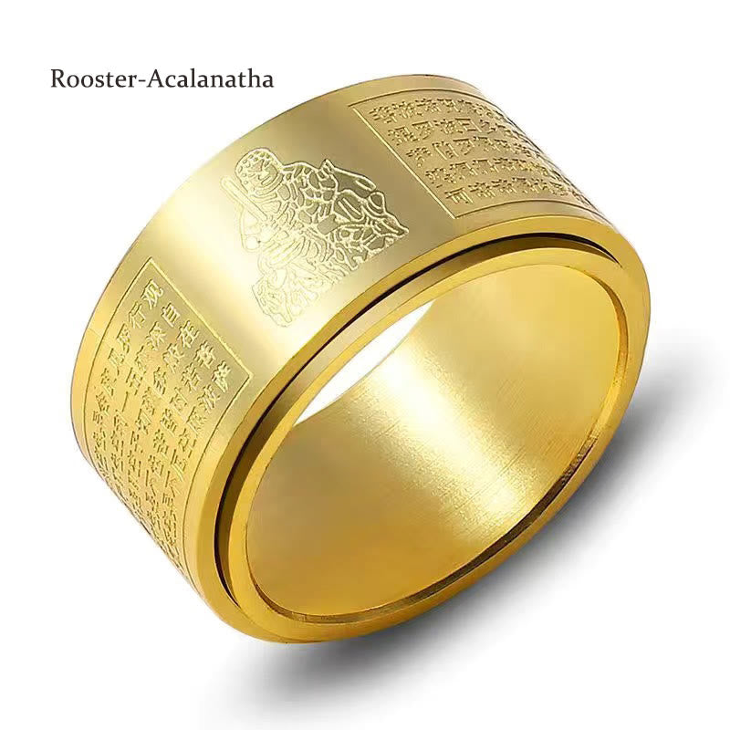 Buddha Stones Chinese Zodiac Natal Buddha Heart Sutra Carved Titanium Steel Calm Rotatable Ring - Gold - Rooster-Acalanatha - US12 - image 17