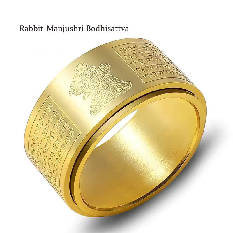 Buddha Stones Chinese Zodiac Natal Buddha Heart Sutra Carved Titanium Steel Calm Rotatable Ring - Gold - Rabbit-Manjushri Bodhisattva - US12 - image 12