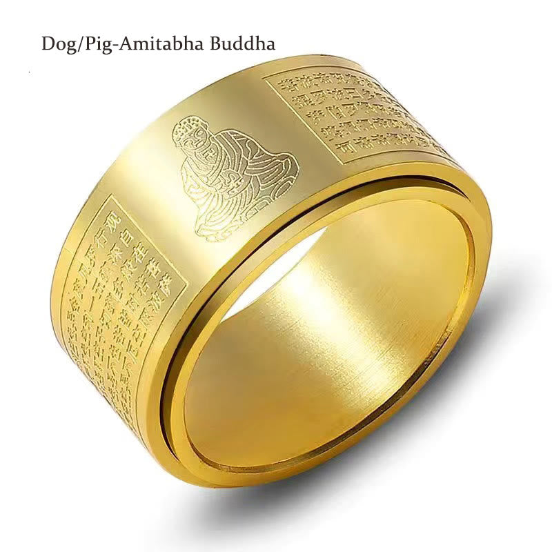 Buddha Stones Chinese Zodiac Natal Buddha Heart Sutra Carved Titanium Steel Calm Rotatable Ring - Gold - Dog/Pig-Amitabha Buddha - US12 - image 15