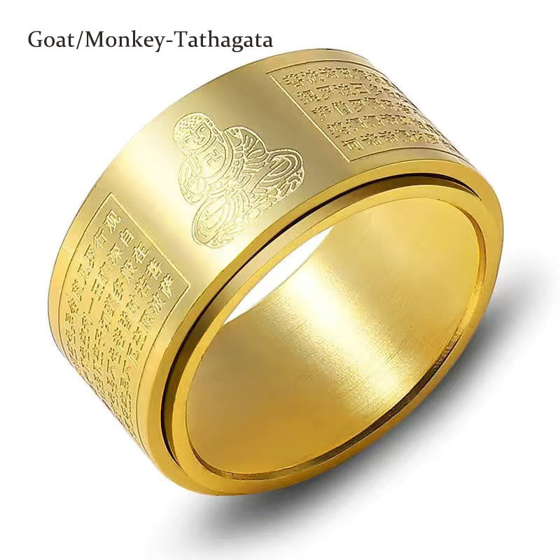 Buddha Stones Chinese Zodiac Natal Buddha Heart Sutra Carved Titanium Steel Calm Rotatable Ring - Gold - Goat/Monkey-Tathagata - US12 - image 21