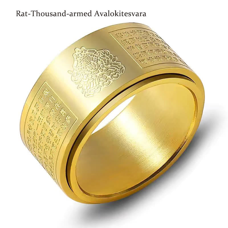 Buddha Stones Chinese Zodiac Natal Buddha Heart Sutra Carved Titanium Steel Calm Rotatable Ring - Gold - Rat-Thousand-armed Avalokitesvara - US12 - image 19