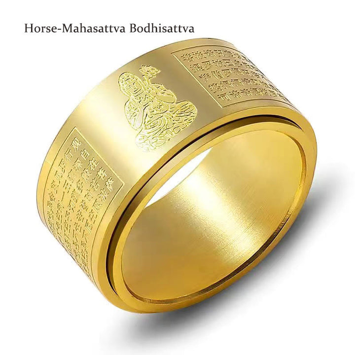 Buddha Stones Chinese Zodiac Natal Buddha Heart Sutra Carved Titanium Steel Calm Rotatable Ring - Gold - Horse-Mahasattva Bodhisattva - US12 - image 18
