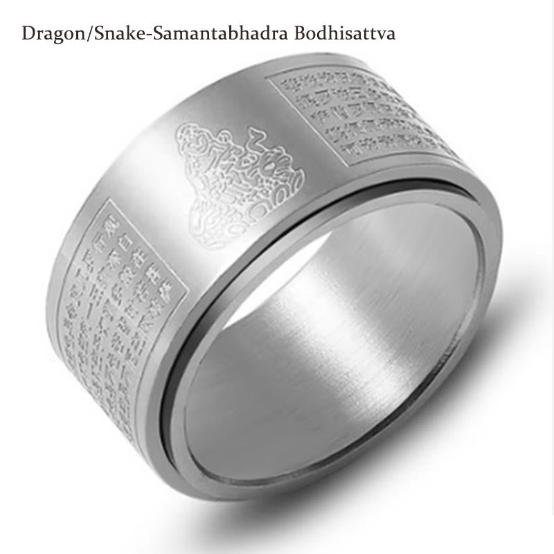 Buddha Stones Chinese Zodiac Natal Buddha Heart Sutra Carved Titanium Steel Calm Rotatable Ring - Silver - Dragon/Snake-Samantabhadra Bodhisattva - US12 - image 24