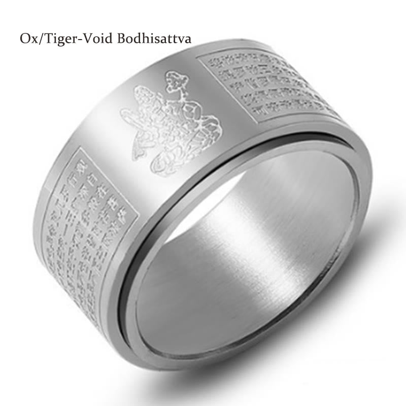 Buddha Stones Chinese Zodiac Natal Buddha Heart Sutra Carved Titanium Steel Calm Rotatable Ring - Silver - Ox/Tiger-Void Bodhisattva - US12 - image 28