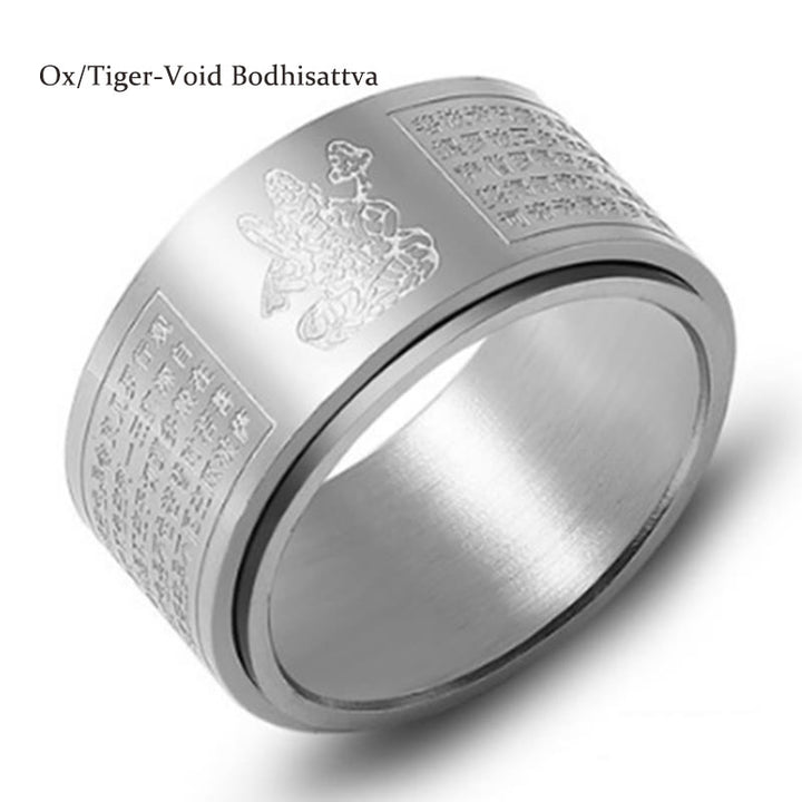Buddha Stones Chinese Zodiac Natal Buddha Heart Sutra Carved Titanium Steel Calm Rotatable Ring - Silver - Ox/Tiger-Void Bodhisattva - US12 - image 28