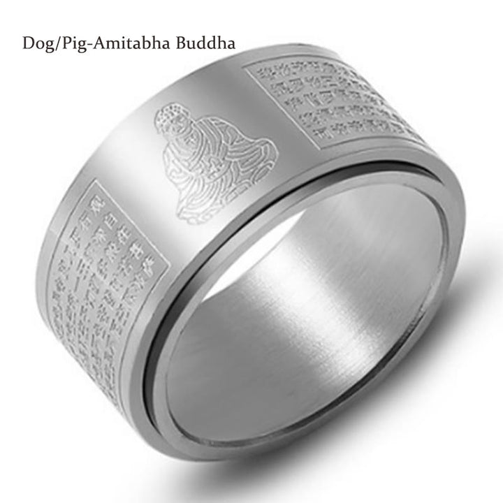 Buddha Stones Chinese Zodiac Natal Buddha Heart Sutra Carved Titanium Steel Calm Rotatable Ring - Silver - Dog/Pig-Amitabha Buddha - US12 - image 32