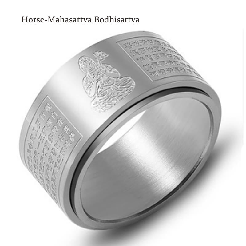 Buddha Stones Chinese Zodiac Natal Buddha Heart Sutra Carved Titanium Steel Calm Rotatable Ring - Silver - Horse-Mahasattva Bodhisattva - US12 - image 36