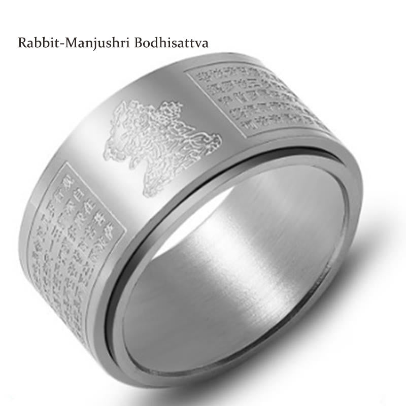 Buddha Stones Chinese Zodiac Natal Buddha Heart Sutra Carved Titanium Steel Calm Rotatable Ring - Silver - Rabbit-Manjushri Bodhisattva - US12 - image 30