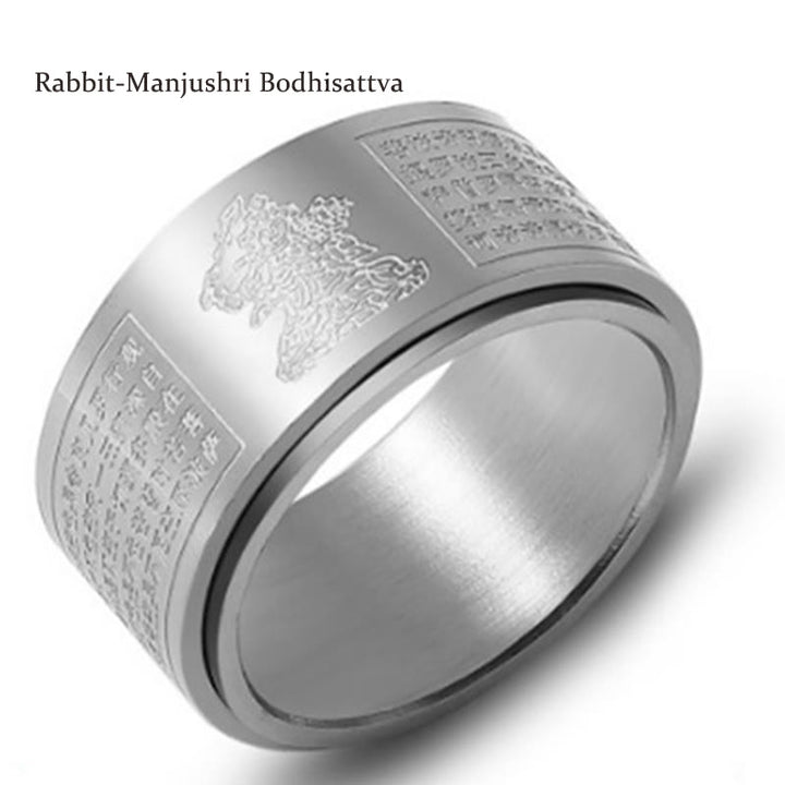 Buddha Stones Chinese Zodiac Natal Buddha Heart Sutra Carved Titanium Steel Calm Rotatable Ring - Silver - Rabbit-Manjushri Bodhisattva - US12 - image 30